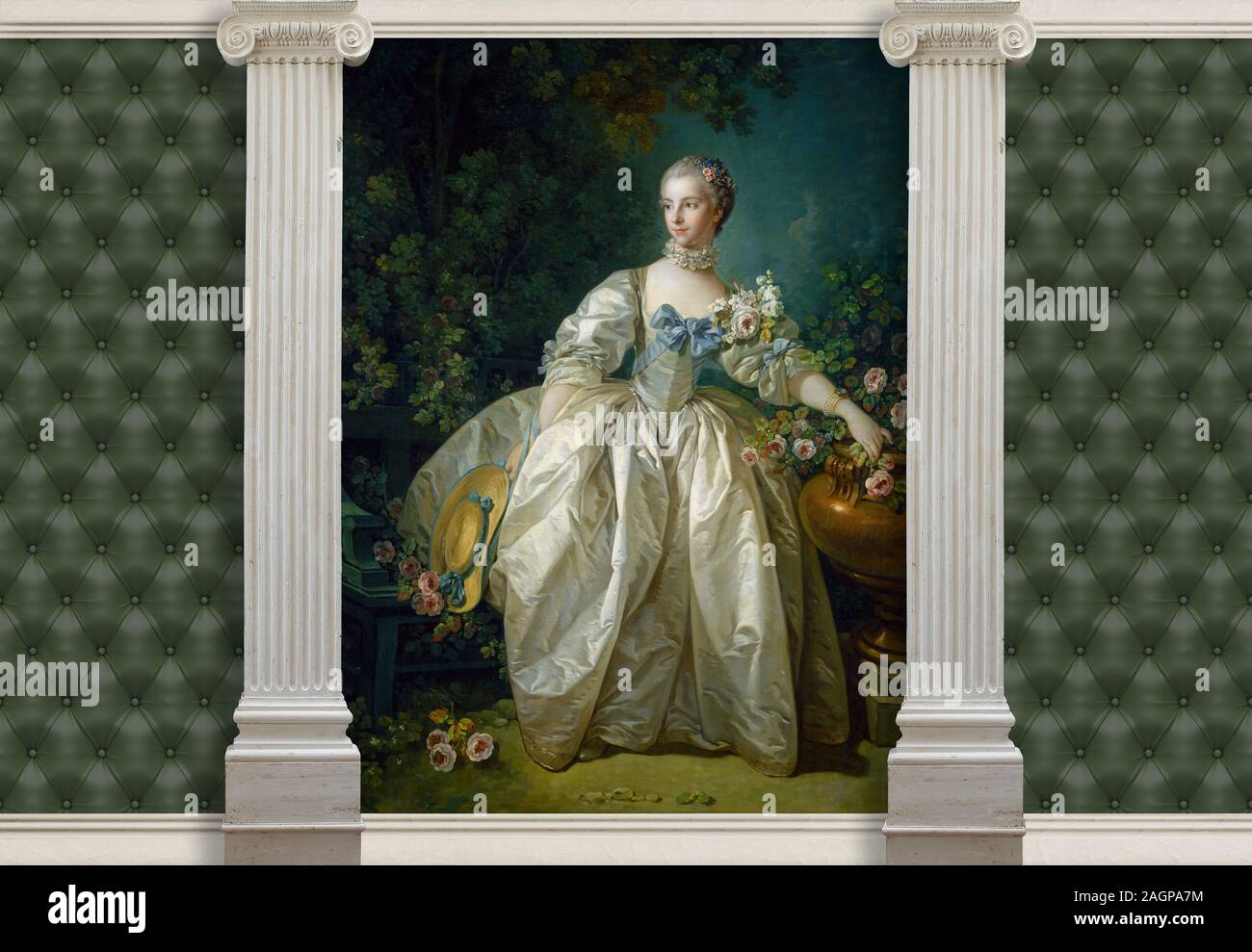 3D-Hintergrund im klassischen Stil, Spalten und die Wirkung von gestepptem Leder, Malerei Franois Boucher Madame Bergeret 1766. 3d-Tapeten Textur Stockfoto