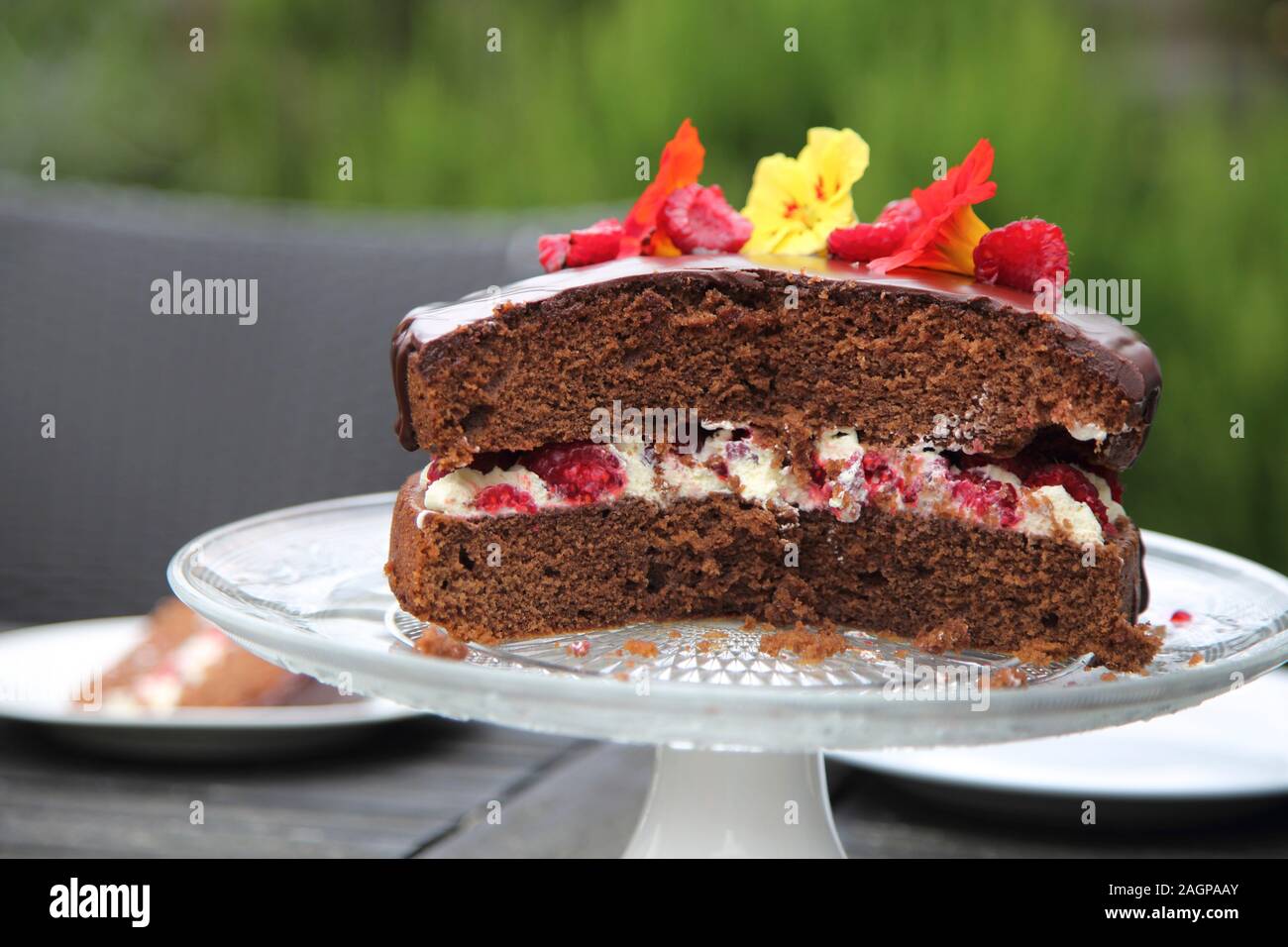 Die Hälfte der hausgemachte Schokolade Kuchen dekoriert mit Flowersand Himbeeren Stockfoto