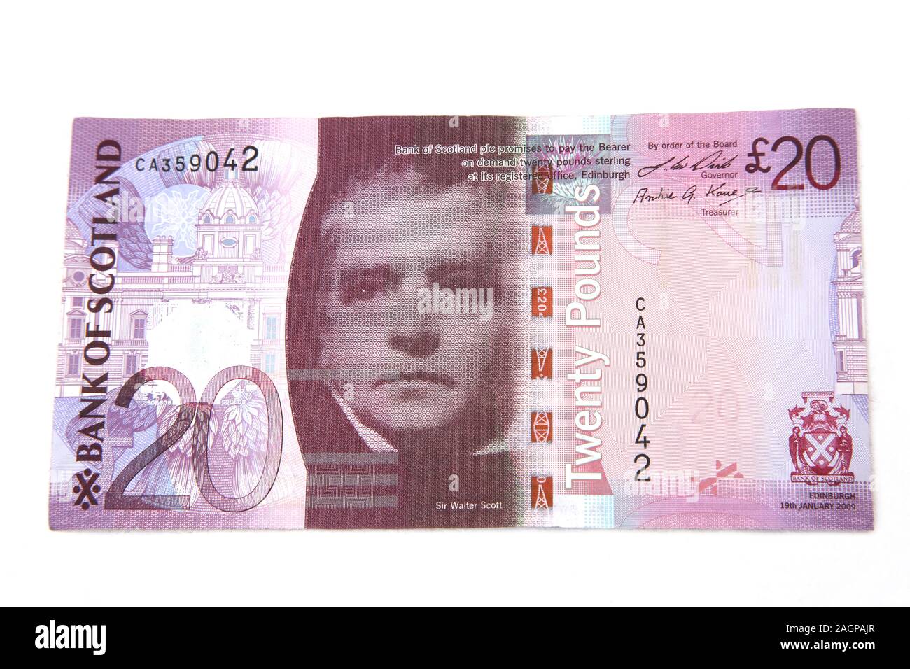 Sir Walter Scott auf der Vorderseite der Bank von Schottland Zwanzig Pfund Hinweis Stockfoto