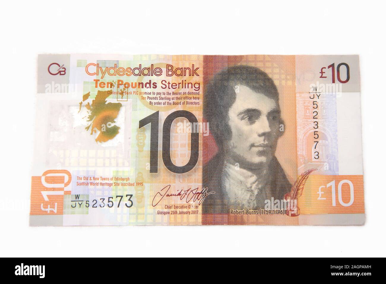 Robert Burns auf die Vorderseiten der Clydesdale Bank zehn Pfund Hinweis Stockfoto