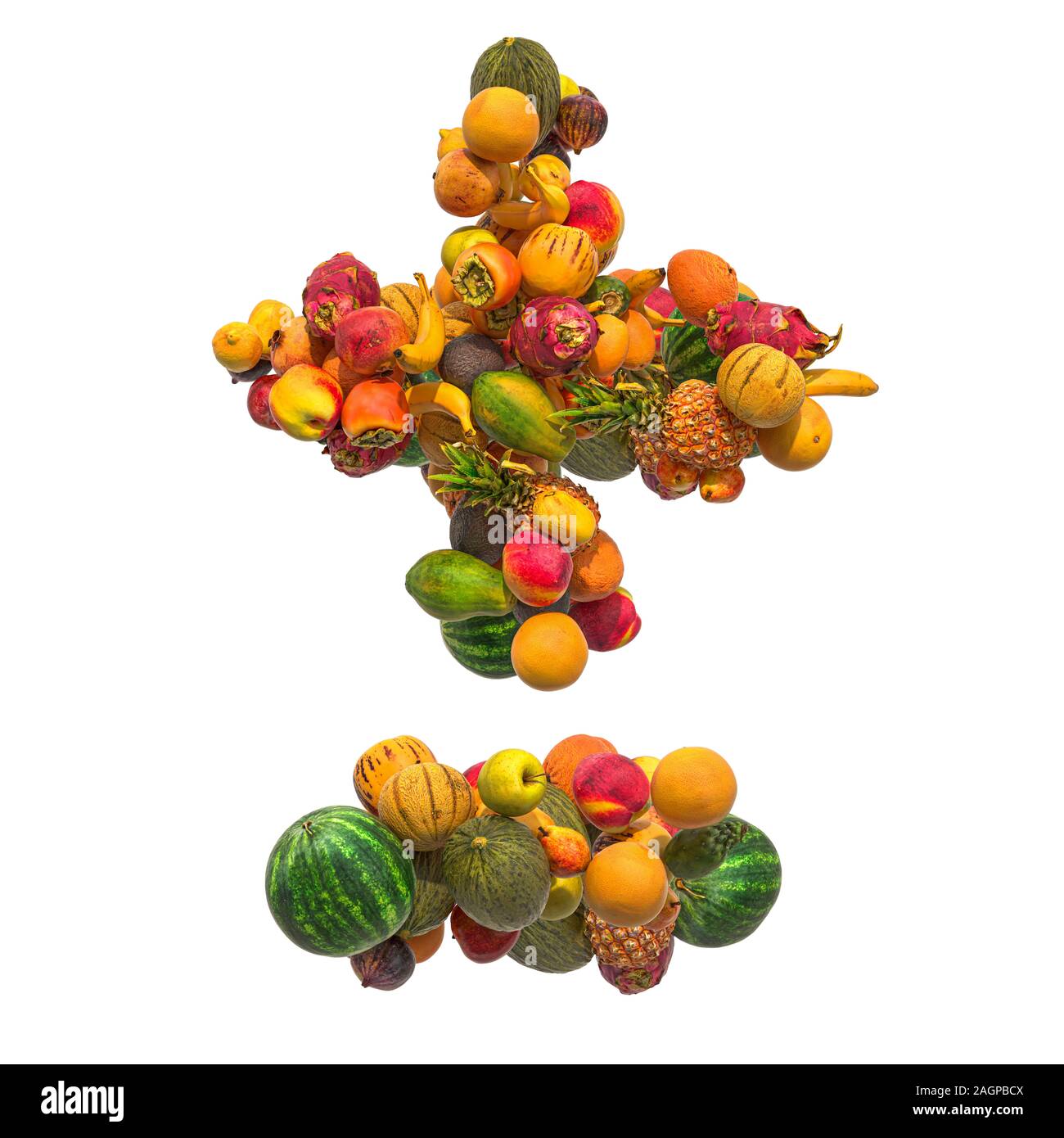 Plus- und Minuszeichen aus Früchten, 3D-Rendering auf weißem Hintergrund Stockfoto