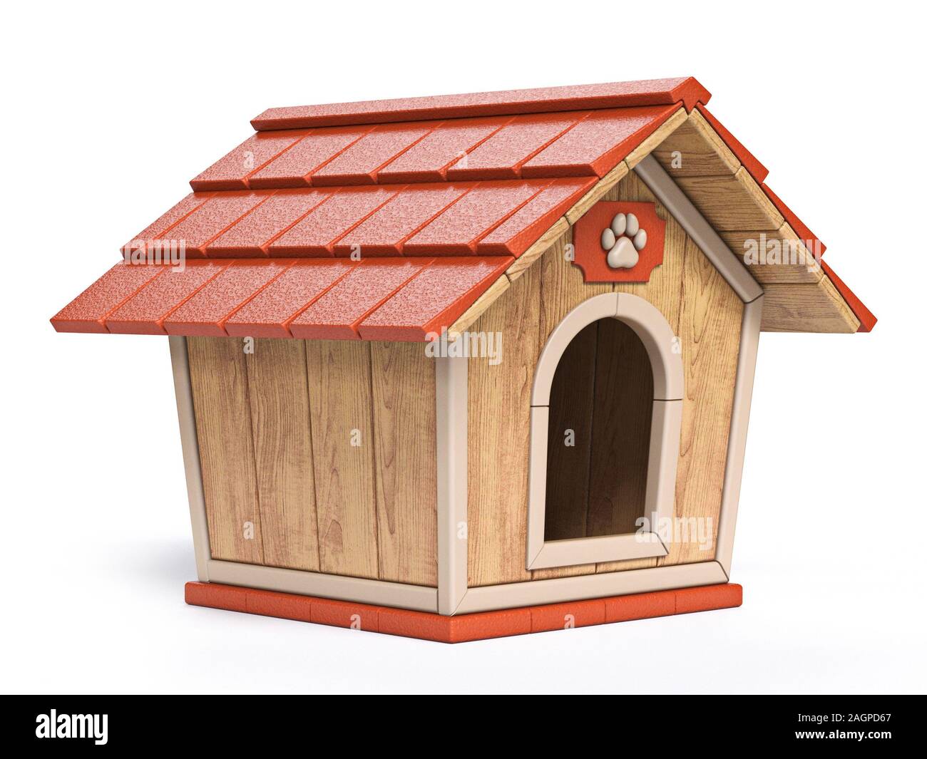 Holz- Hund Haus Seitenansicht 3D-Render Abbildung auf weißem Hintergrund Stockfoto
