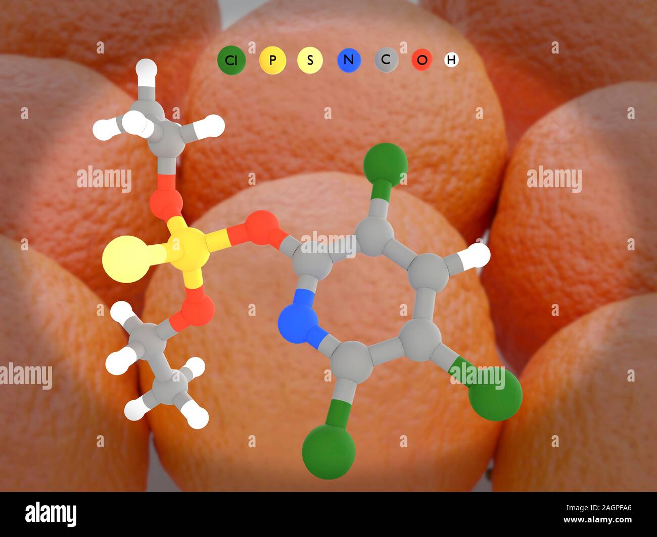 Molekulare Modell der organophosphatinsektenvertilgungsmittels Chlorpyrifos (C 9 H 11 Cl3.N. O3.S.) über einen Hintergrund von Orangen. Chlorpyrifos weit in der Landwirtschaft verwendet wird, tötet Insekten, indem es auf die Insekten Nervensystem. Atome sind als Kugeln dargestellt und sind farblich codiert: Carbon (grau), Wasserstoff (weiß), Stickstoff (blau), Sauerstoff (rot), Schwefel (hellgelb), Phosphor (Gelb) und Chlor (grün). Stockfoto