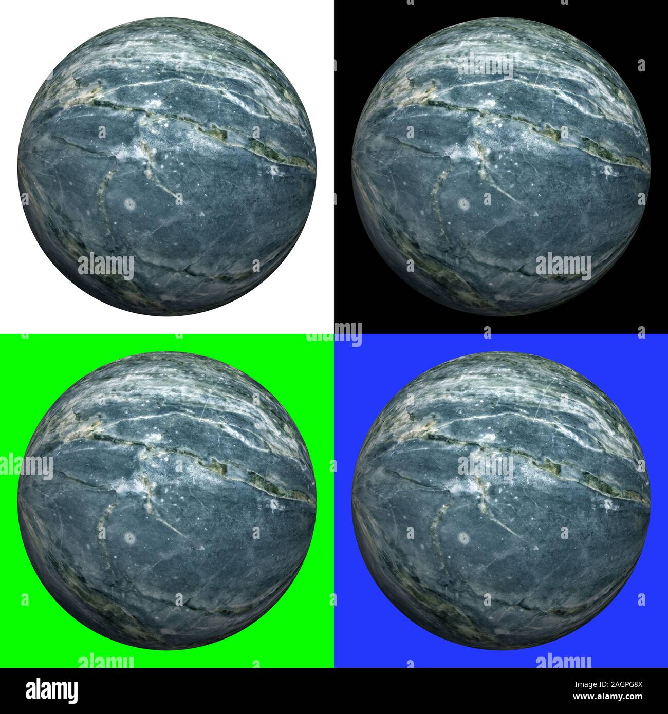 3D-Marmor Kugel auf vier verschiedene Hintergründe - Weiß, Schwarz, Grün und Blau Chroma Key erzeugt Stockfoto