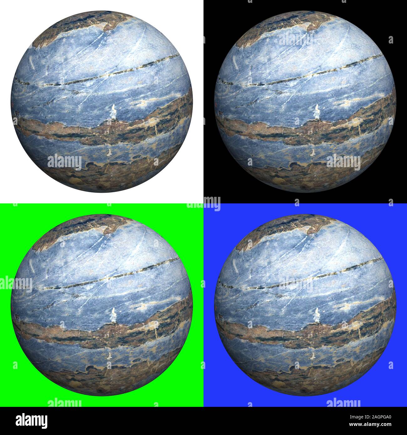 3D-Marmor Kugel auf vier verschiedene Hintergründe - Weiß, Schwarz, Grün und Blau Chroma Key erzeugt Stockfoto