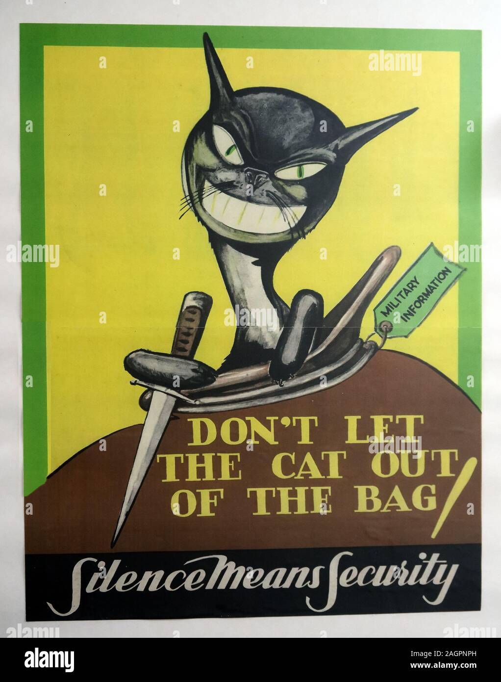 Poster-Cat, militärische Informationen, nicht die Katze aus dem Sack lassen, Stille bedeutet Sicherheit Stockfoto