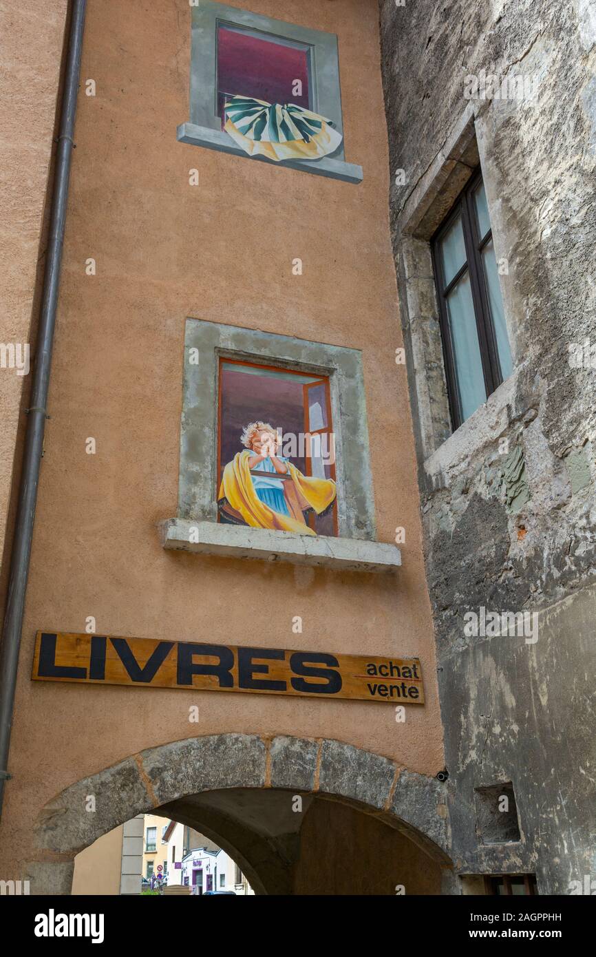 Frankreich, Savoyen, Chambery, Trompe-l'oeil-Kunst, Buch Shop anmelden Stockfoto