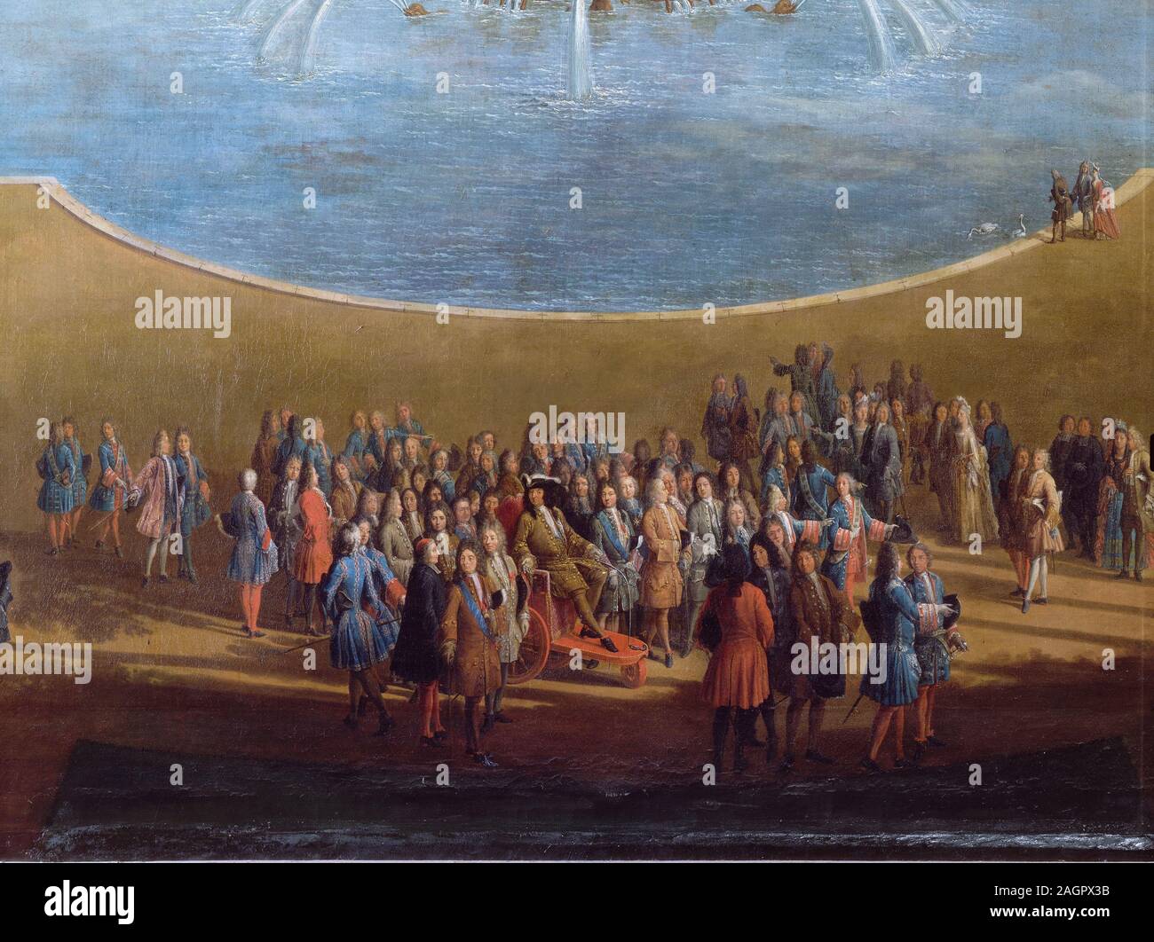 Blick auf das Bassin d'Apollon und den Grand Canal von Versailles. Detail: Louis XIV. Museum: Musée de l'Histoire de France, Château de Versailles. Autor: Pierre-Denis Martin II. Stockfoto