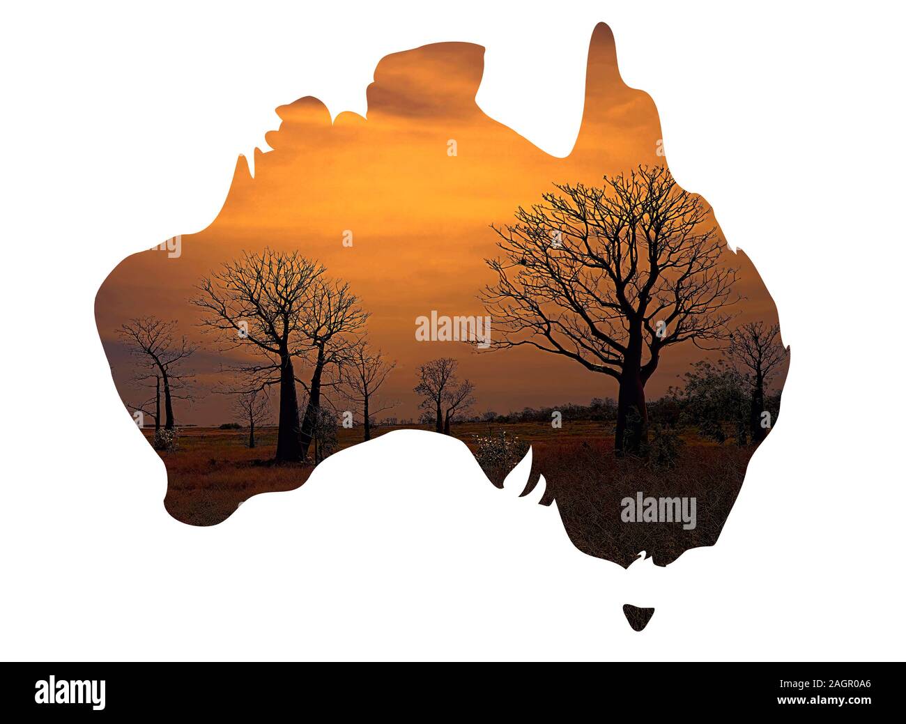 Australische Karte mit Einsatz von Sonnenuntergang mit boabab Bäume Stockfoto