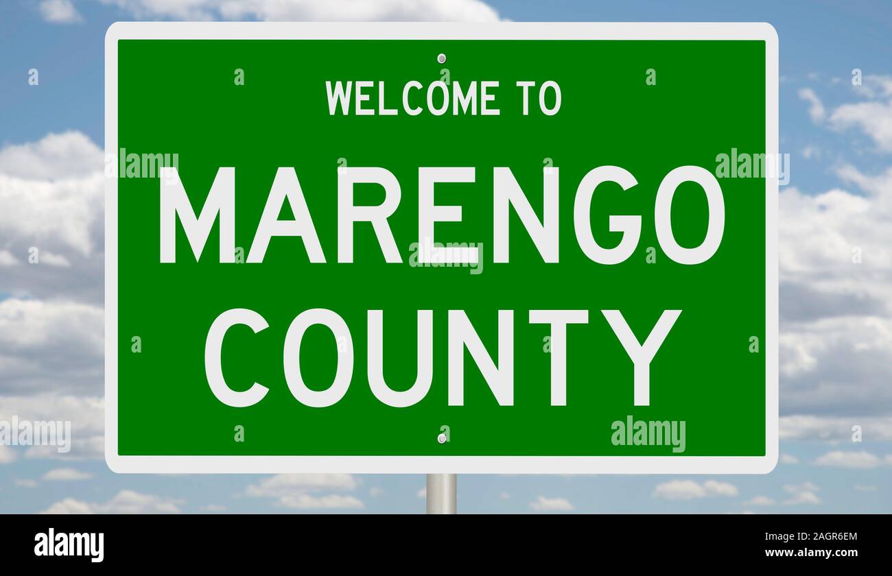 Rendering von einem grünen 3d Autobahn Zeichen für Marengo County Stockfoto