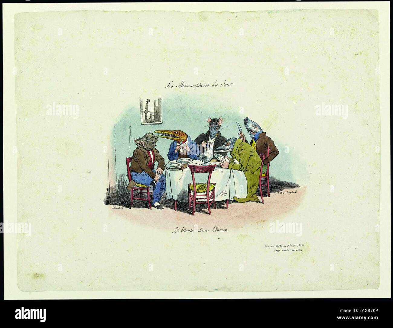 Les Métamorphoses du Jour. L'attente d'un convive (die Metamorphosen des Tages. Warten auf den Gast). Museum: Maison de Balzac. Autor: JEAN IGNACE ISIDORE GÉRARD GRANDVILLE. Stockfoto