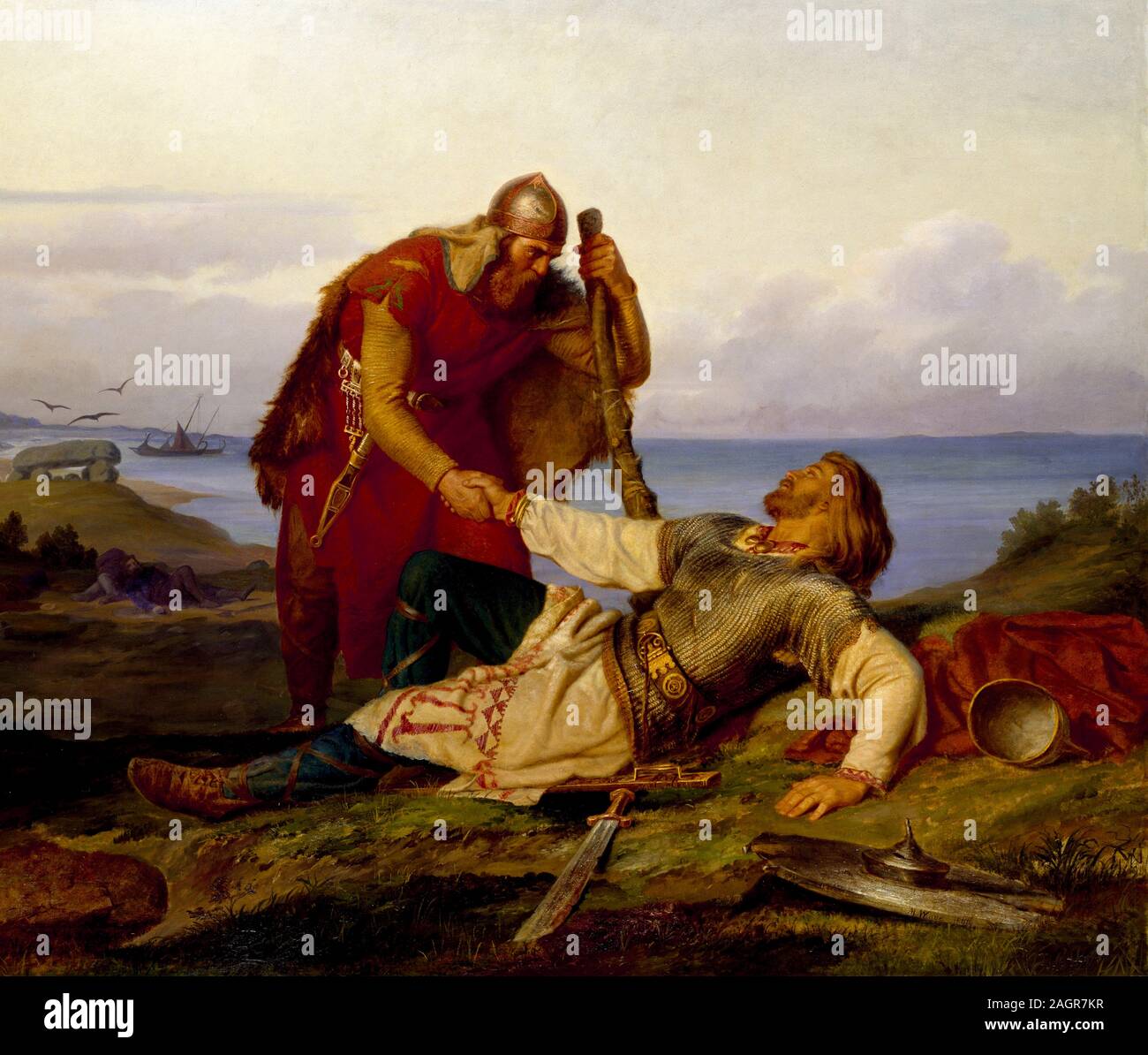 Hjalmar nimmt Abschied von Örvar-Oddr nach der Schlacht von Samsø. Museum: Nationalmuseum Stockholm. Autor: Marten Eskil Winge. Stockfoto