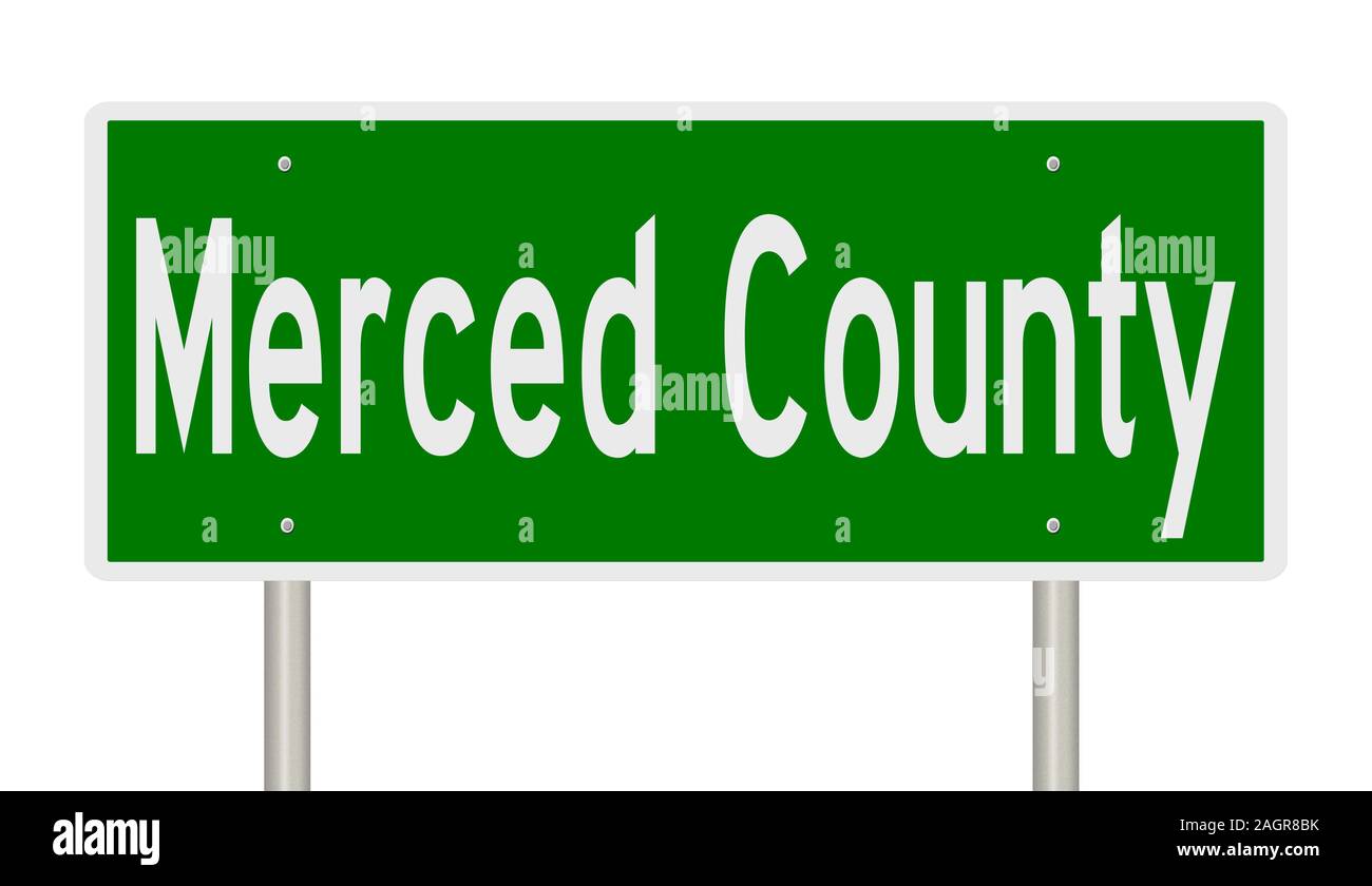 Rendering von einem grünen 3d Autobahn Zeichen für Merced County in Kalifornien Stockfoto