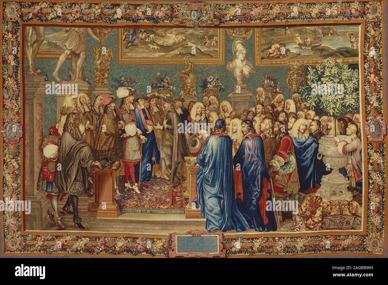 Ein Publikum von Louis XIV der Graf von Fuentes, Botschafter gewährt König Philipp IV. von Spanien im Louvre, 24. März 1662. Museum: Musée de l'Histoire de France, Château de Versailles. Autor: Ballin, Claude I, (nach). Stockfoto