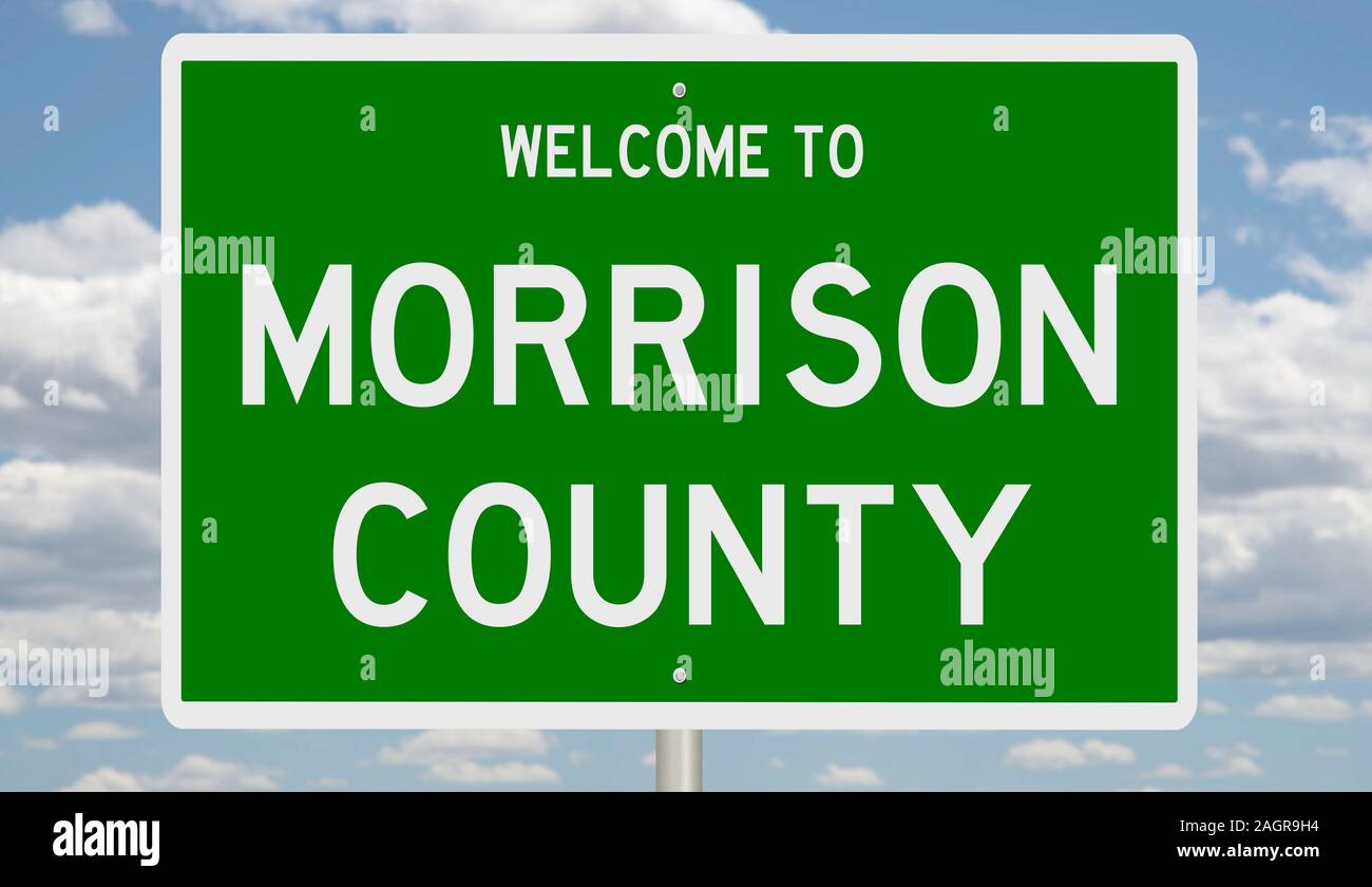 Rendering von einem grünen 3d Autobahn Zeichen für Morrison County Stockfoto