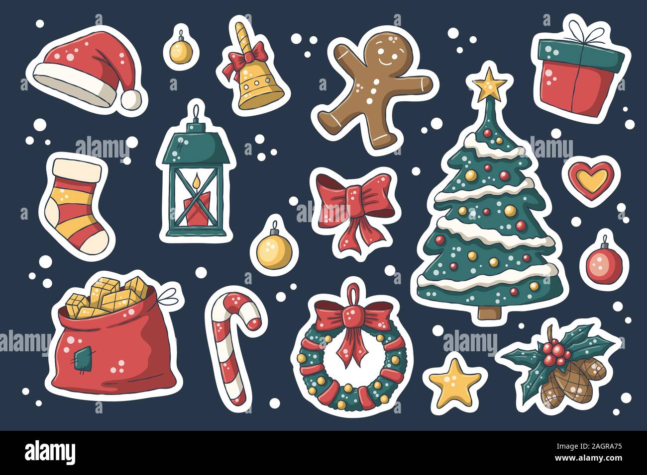 Weihnachten Sticker Set. Vektor Sammlung für Sticker, Patches, Badges, Pins. Hand gezeichneten Stil doodle. Stock Vektor