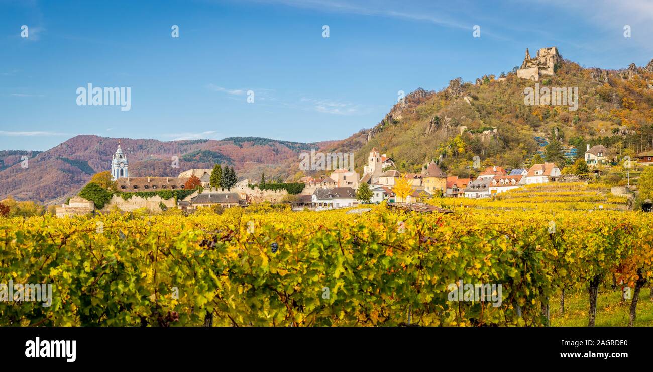 Panorama der Durnstein mit Ruine, Kirche und Weinbergen im Herbst, Wachau, Österreich Stockfoto