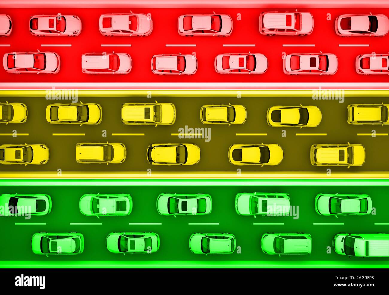 Verkehrsströme in Verkehr Farben Ansicht von oben. 3D-Rendering Stockfoto