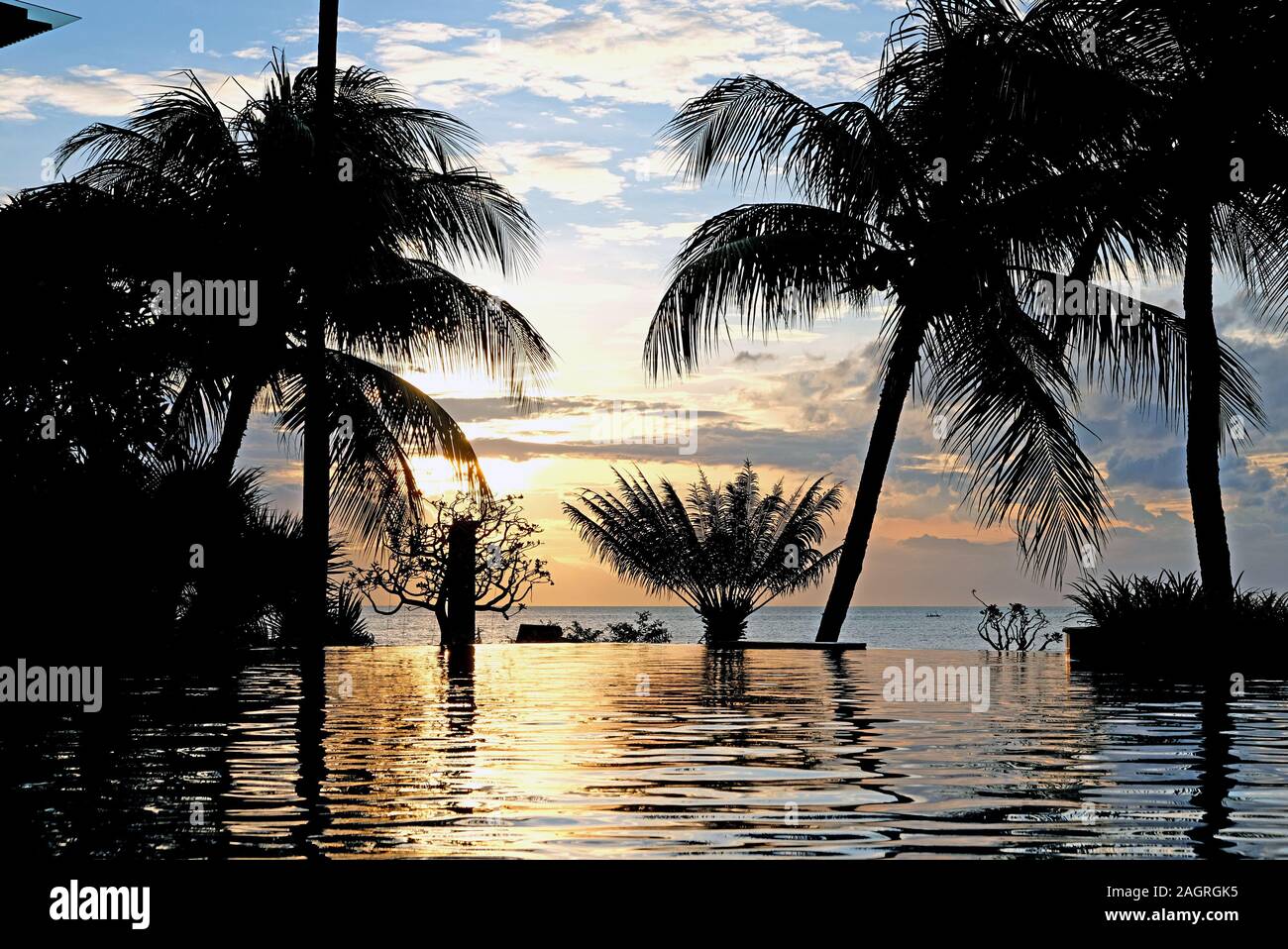 Luxus Pool im Abendlicht mit Sonnenschirmen, Palmen und endlosen Blick auf das Meer. Bali, Indonesien. Stockfoto