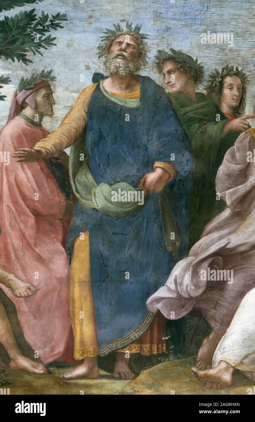 Die Parnassus. Detail (Fresko in Stanza della Segnatura). Museum: der Apostolische Palast, Vatikan. Autor: Raphael (Raffaello Sanzio da Urbino). Stockfoto