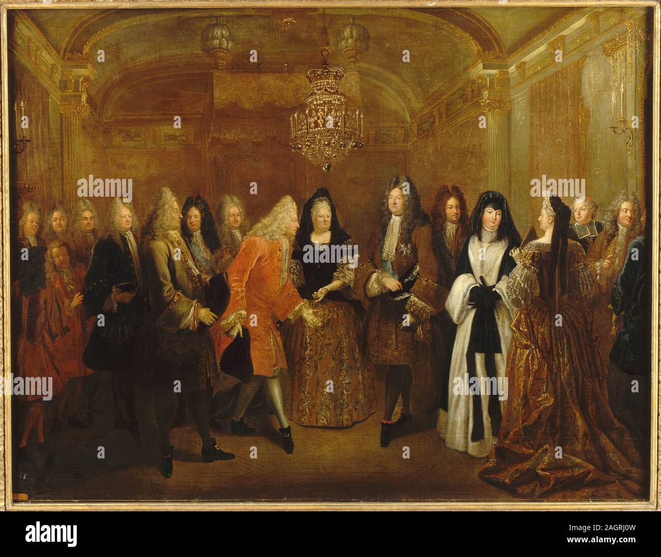 Louis XIV erhält Prinz August, der zukünftige König von Polen und Kurfürst von Sachsen, im Schloss Fontainebleau. Museum: Musée de l'Histoire de France, Château de Versailles. Autor: LOUIS DE SILVESTRE. Stockfoto