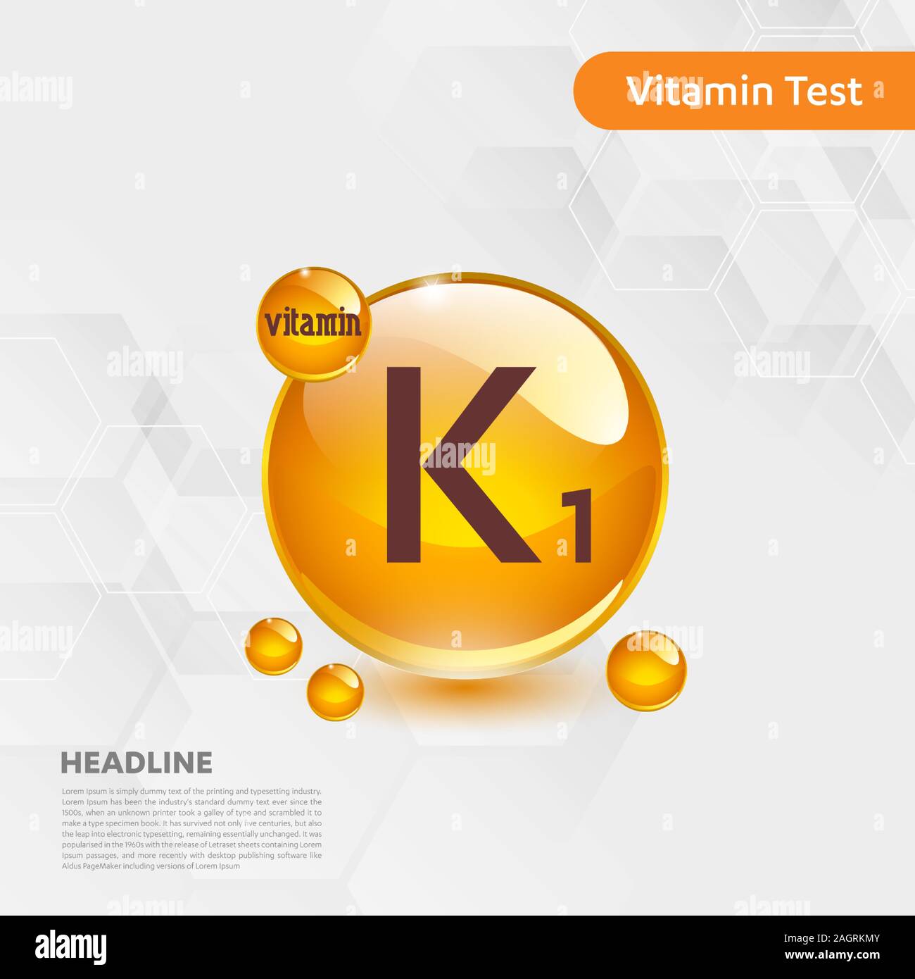 Vitamin K1 symbol Sammlung, Cholecalciferol. Goldene tropfen Vitamin Komplex tropfen. Medizinische für Heide Vector Illustration Stock Vektor