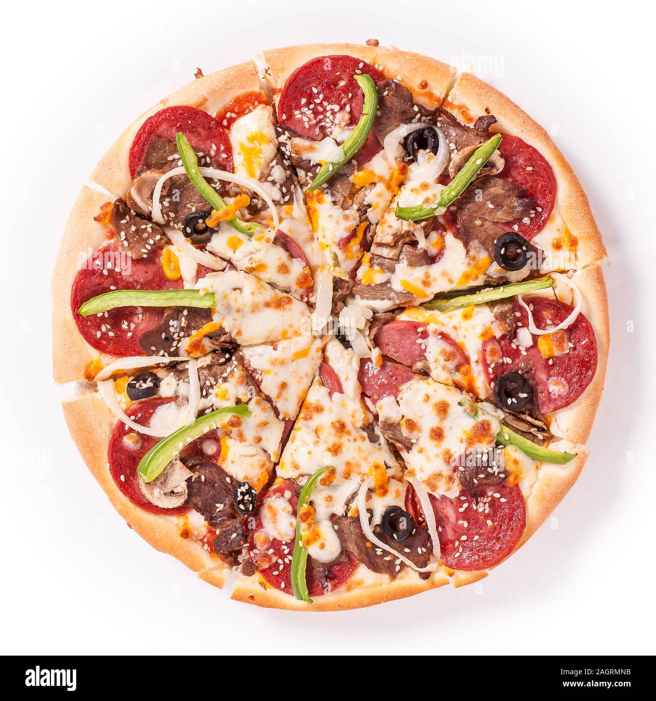 Pizza lecker und schmackhaft Draufsicht Stockfoto