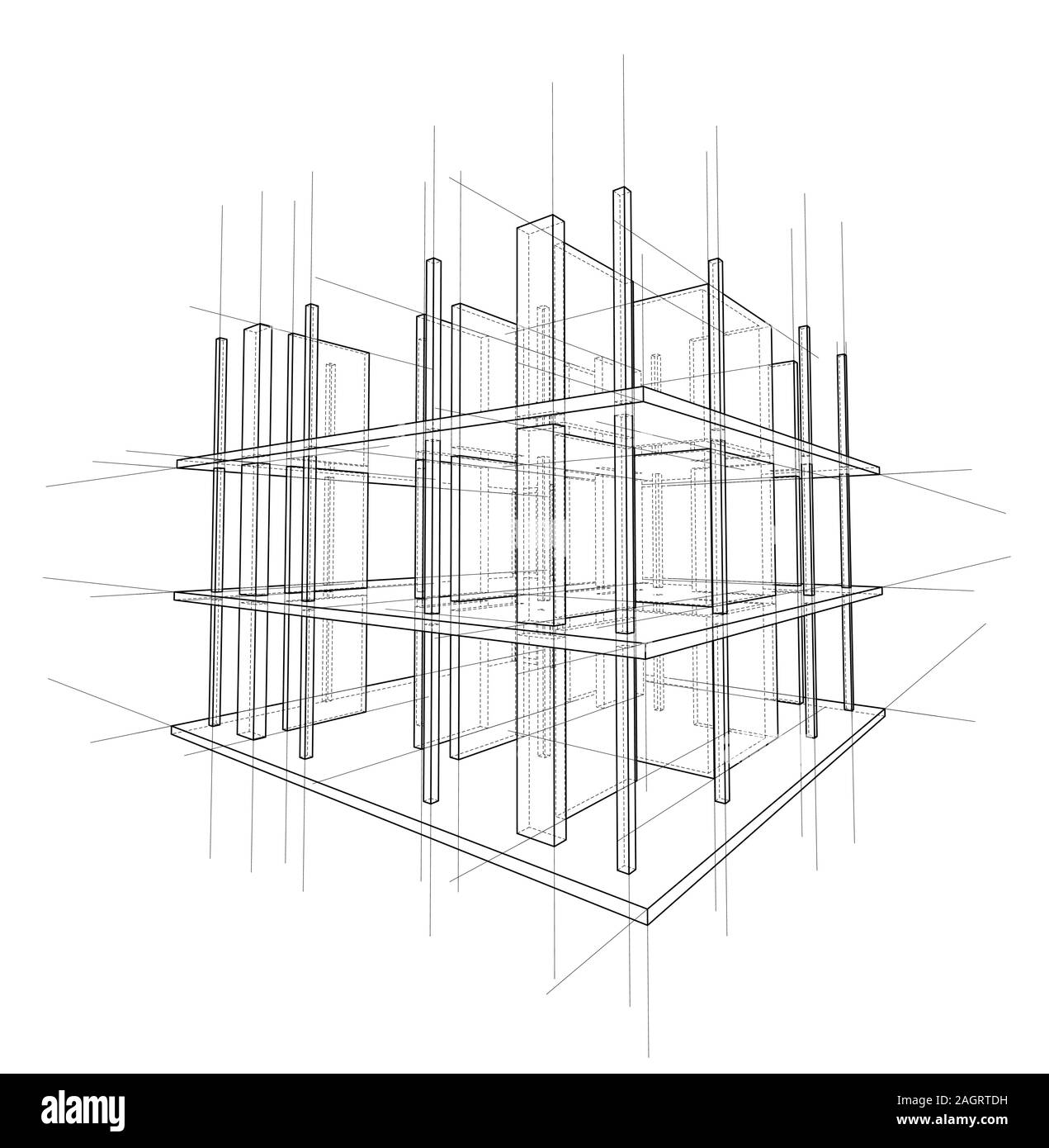 Zeichnung oder Skizze von einem Haus im Bau. Baustelle. Main Line, Kontur und Hilfslinien. Vektor aus 3d. Stock Vektor