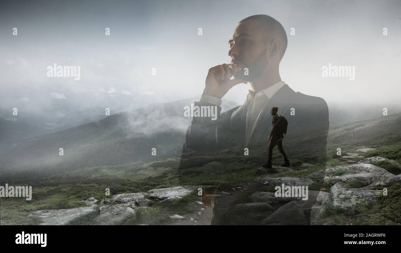 Nachdenklich. Geschäftsmann mit Landschaften auf Hintergrund, Double Exposure. Lebt in Megapolis aber finden sich Angesicht zu Angesicht mit der Natur. Träume über das seelische Gleichgewicht. Psychologie, eco-Konzept. Stockfoto