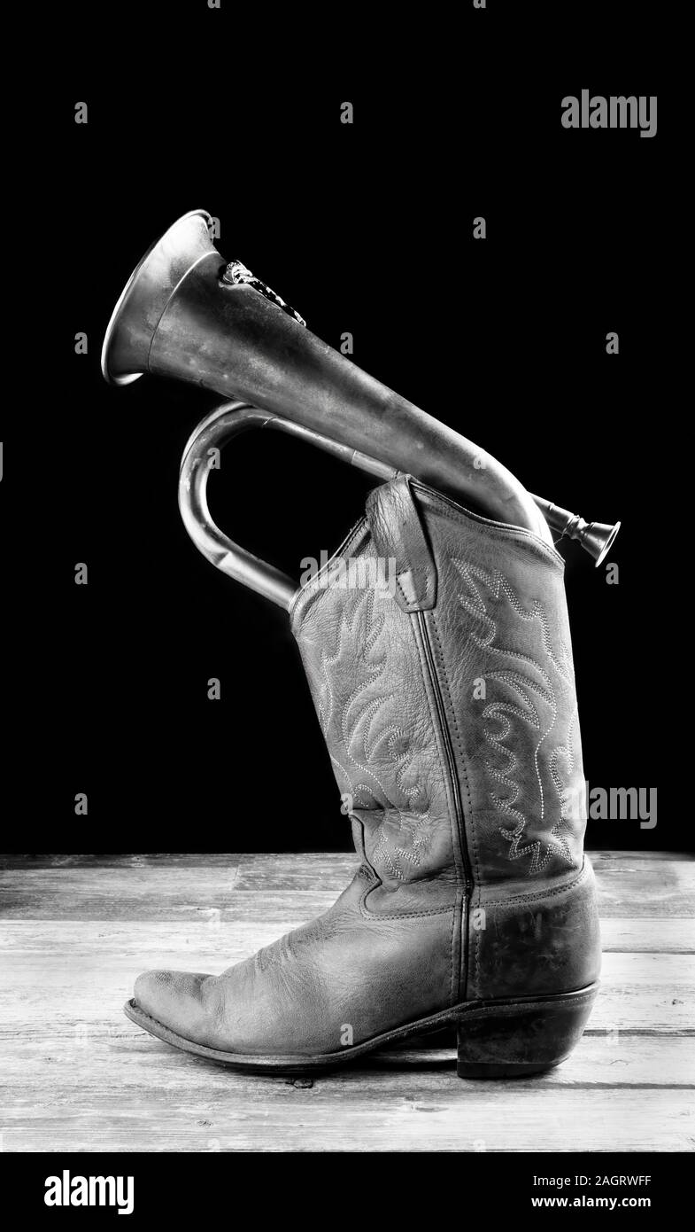 Cowboy bugle mit Raum für ihre Art oder Nachricht in Schwarz und wite.. Stockfoto