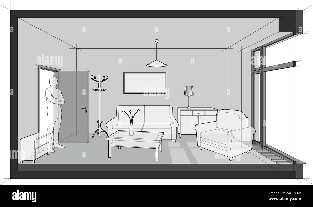 3D-Darstellung der Zimmer mit Sofa und Sessel und Tisch und Schränke und Deckenleuchte und Tücher Bügel eingerichtet und Gemälde an der Wand mit Tür Stock Vektor