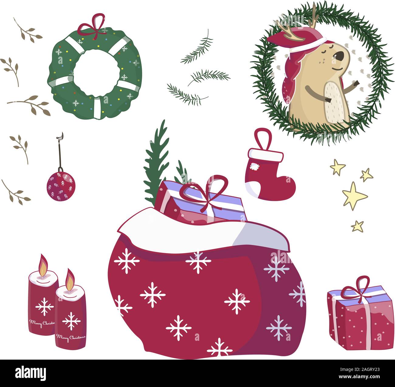 Santa Claus Geschenke in der Tasche. Weihnachtsgeschenke Sack, Haufen Süßigkeiten Geschenk Preis sackful und Spaß überrascht Xmas mit cartoon Schleife vorhanden, Begrüßung Stock Vektor