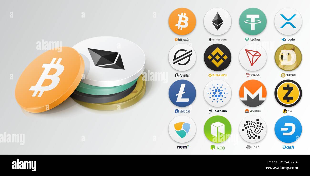 Satz von oben cryptocurrency Tokens. Vector Illustration Stock Vektor