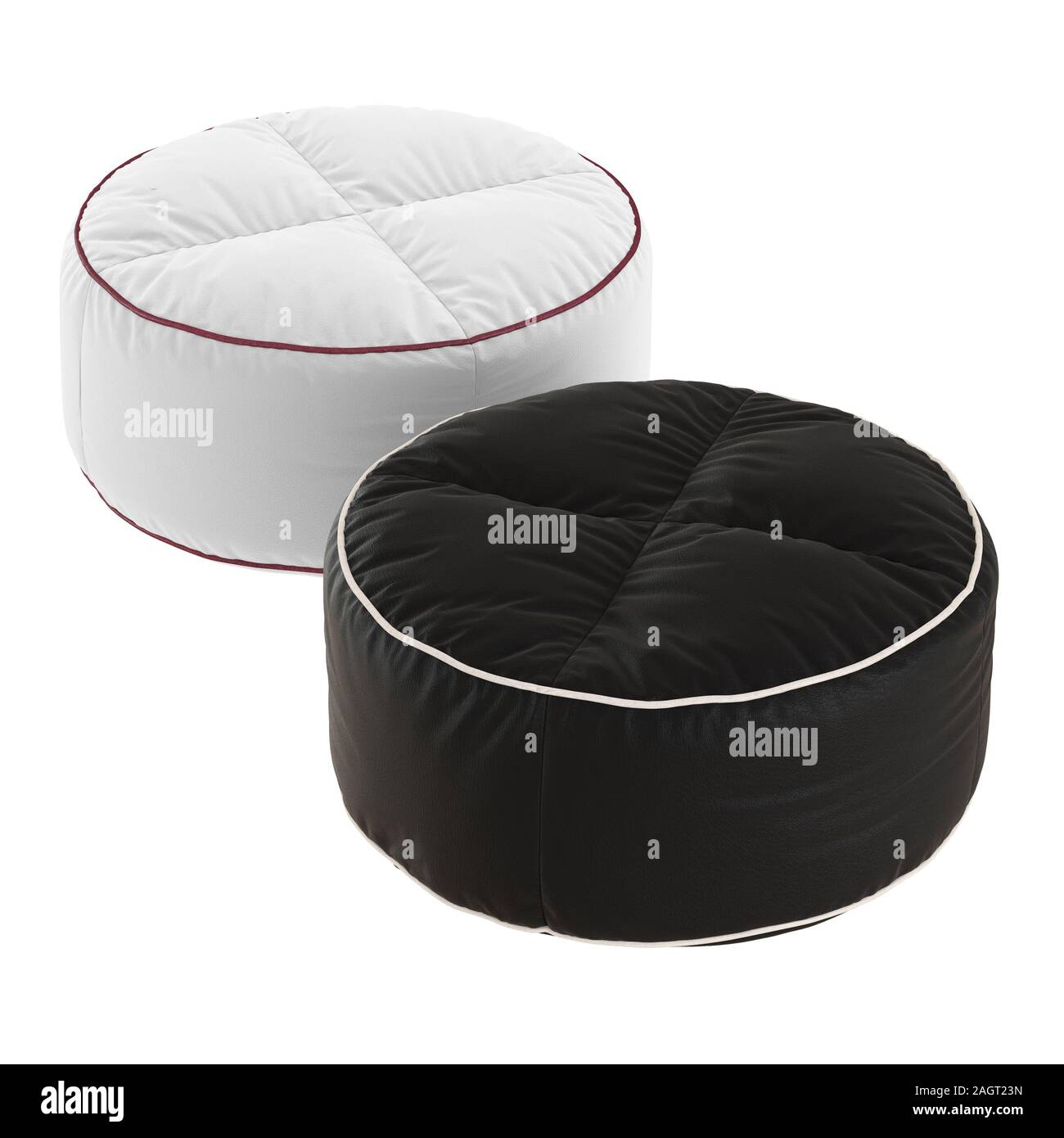 Zwei runde weiche Leder weich Poufs auf weißem Hintergrund. 3D-Rendering Stockfoto