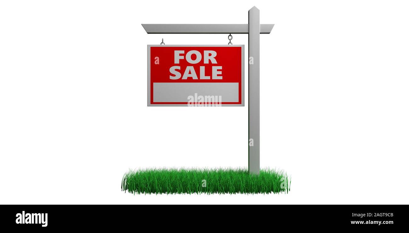 Für Verkauf Zeichen auf Gras isolierten Ausschnitt vor weißem Hintergrund, Text mit Leerzeichen, Vorlage für einen Agenten Werbung. Immobilien Konzept. 3d-Kranke Stockfoto