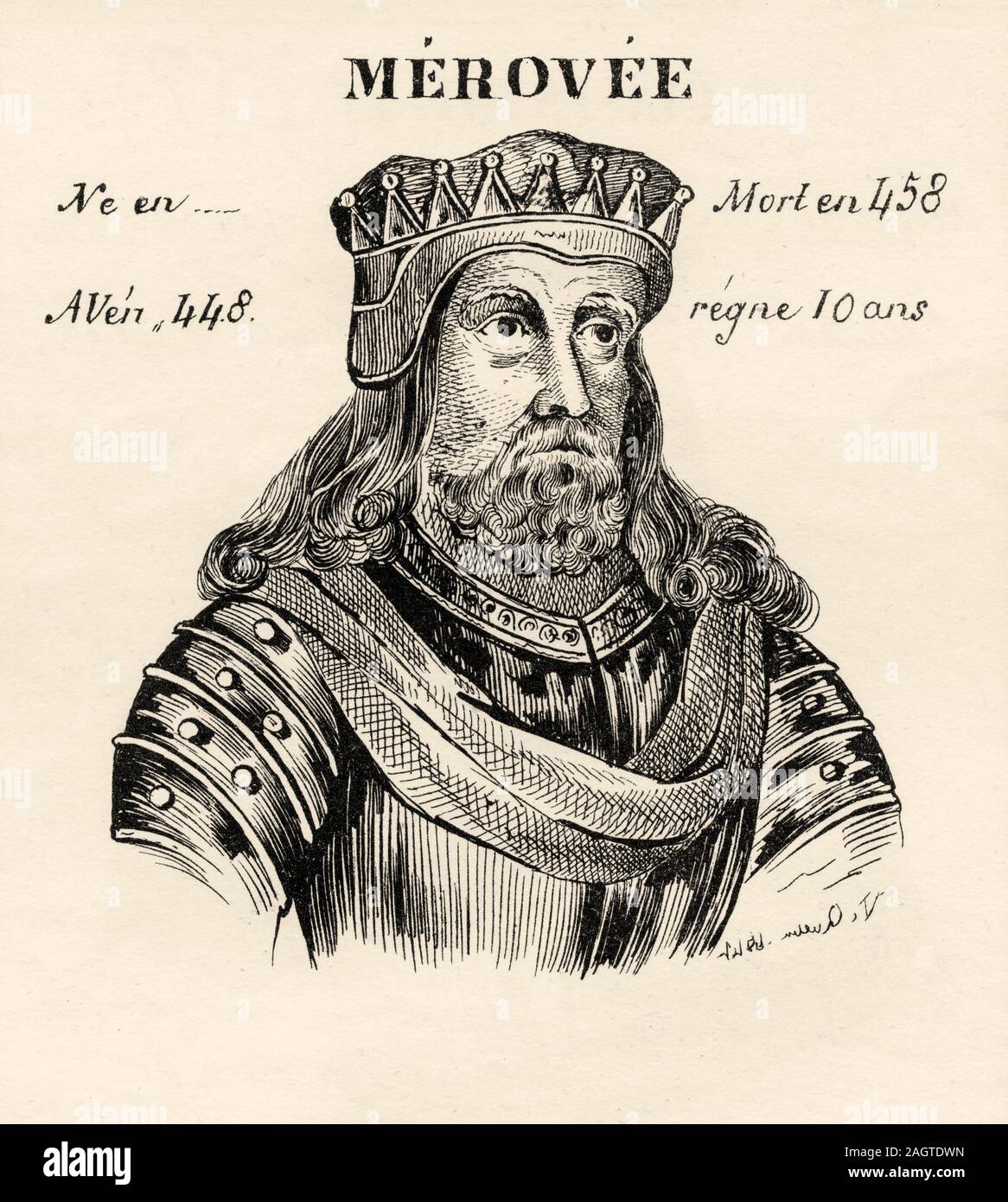 Portrait von Merovech, Meroveus, Merovechus, Merovius oder Mérovée (412 - 457). König von Frankreich von 448 bis 458. Merowingische Dynastie. Geschichte Frankreichs, f Stockfoto