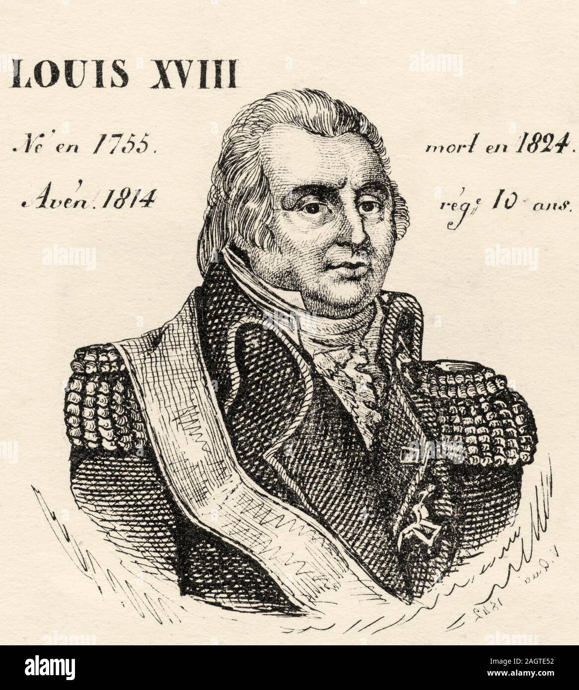 Portrait von Louis XVIII (1755 - 1824). König von Frankreich von 1814 bis 1824. Haus Bourbon. Geschichte Frankreichs, aus dem Buch Atlas de la France 1842 Stockfoto