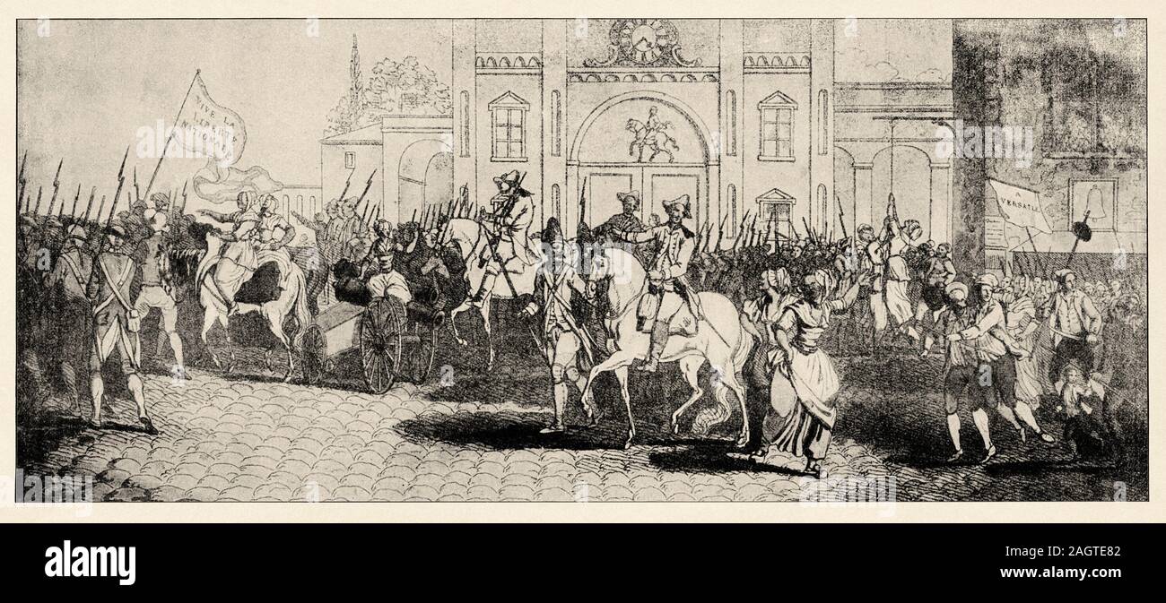 Abfahrt des bürgerlichen Miliz nach Versailles, 5. Oktober 1789. Französische Revolution des 18. Jahrhunderts. Geschichte Frankreichs, alte eingravierten Abbildung Bild Stockfoto