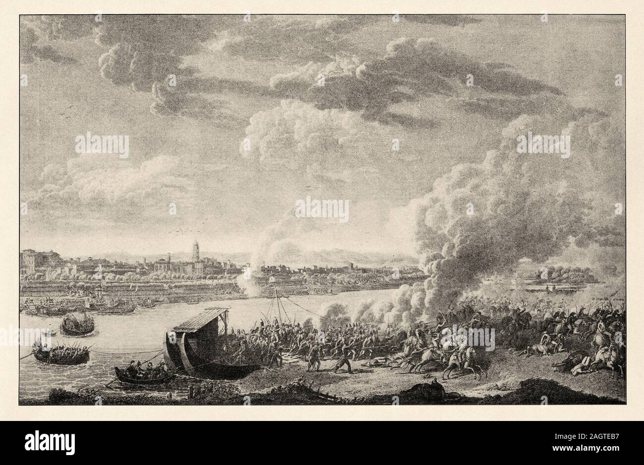 Napoleon Bonaparte, Kampagne von Italien, vorbei an den Fluss Po am Piacenza Mai 7, 1796. Geschichte Frankreichs, alte eingravierten Abbildung Bild aus dem Buch Stockfoto