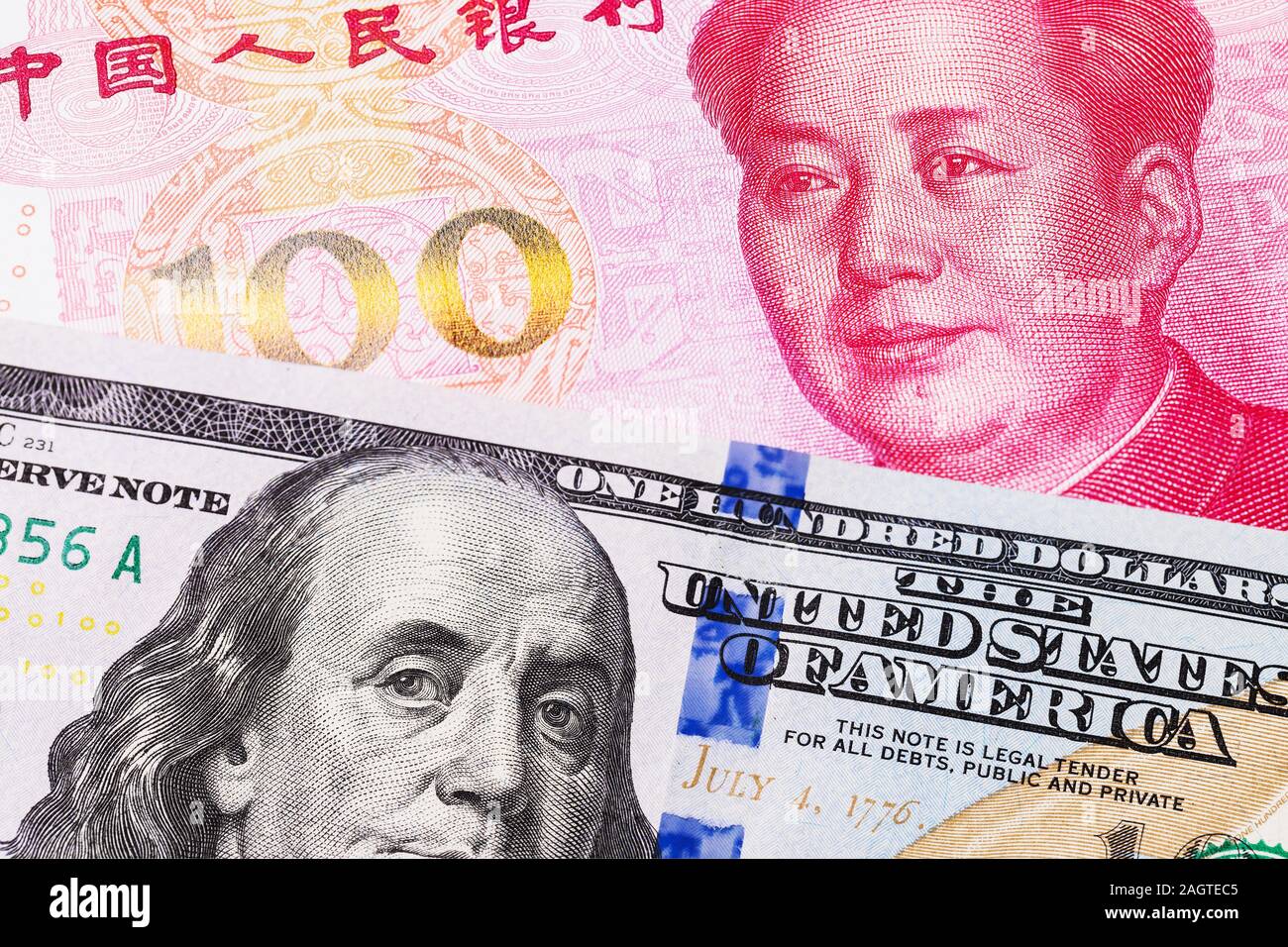 Hundert Dollar und Yuan close-up Stockfoto
