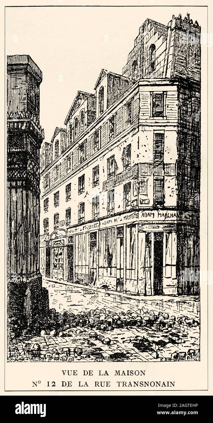 Das Massaker an der Rue Transnonain. Ansicht des Hauses Nr. 12 der Straße Transnonain am 15. April 1834 in Paris. Geschichte Frankreichs, alte graviert krank Stockfoto
