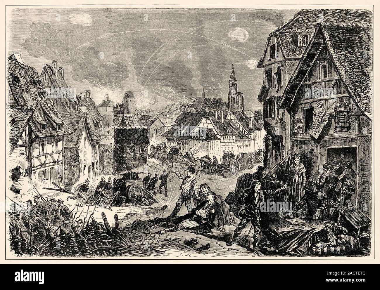 Die Provinz, die während des Krieges von 1870-71. Anzeigen von Straßburg im Jahre 1870, während der Bombardierung. Geschichte Frankreichs, alte eingravierten Abbildung Bild aus der Bo Stockfoto