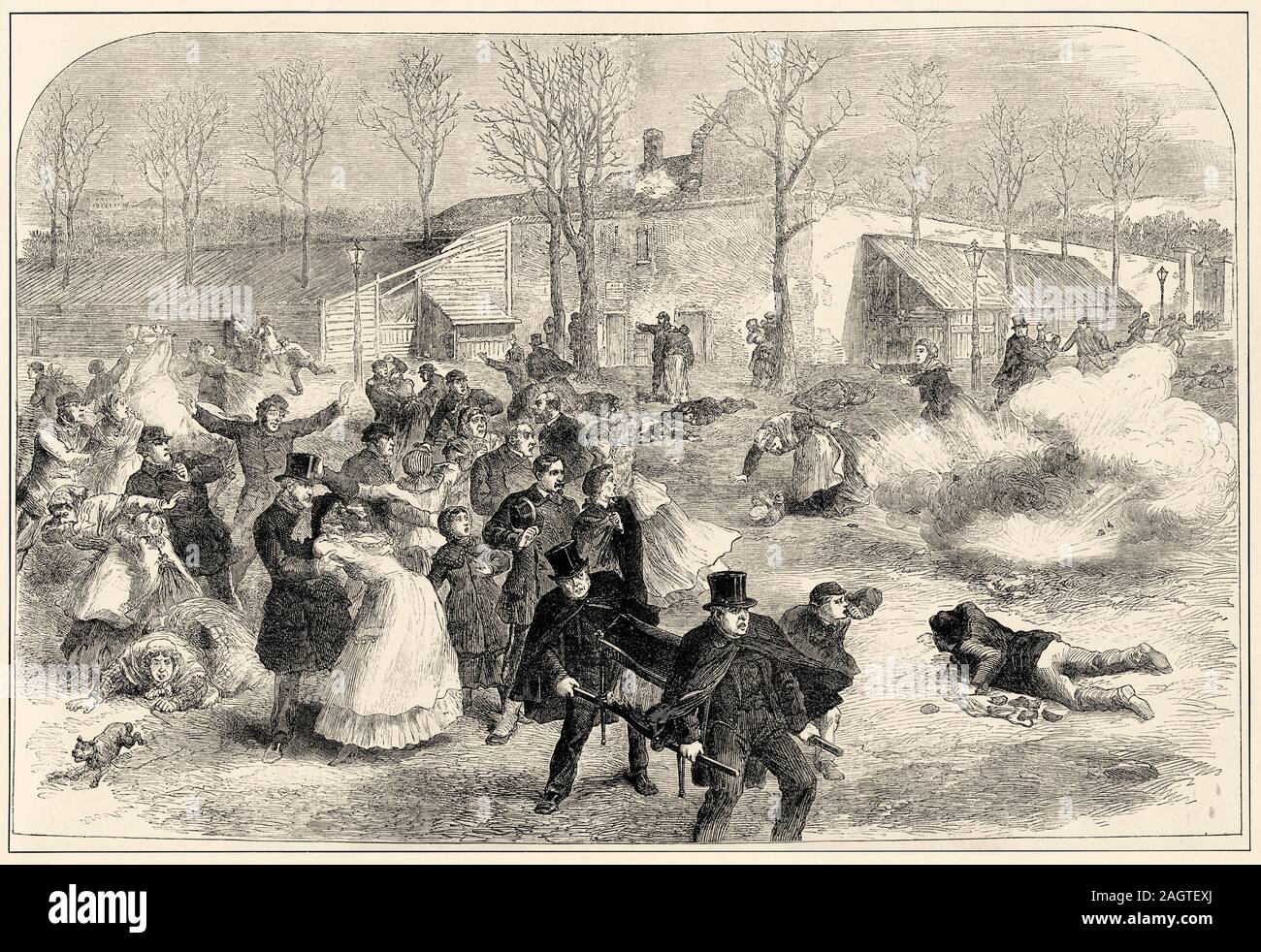 Episode der Bombardierung von Paris. Die ersten Granaten fallen in der Nähe des Montparnase cementire. Die Belagerung von Paris, vom 19. September 1870 bis 2. Januar Stockfoto
