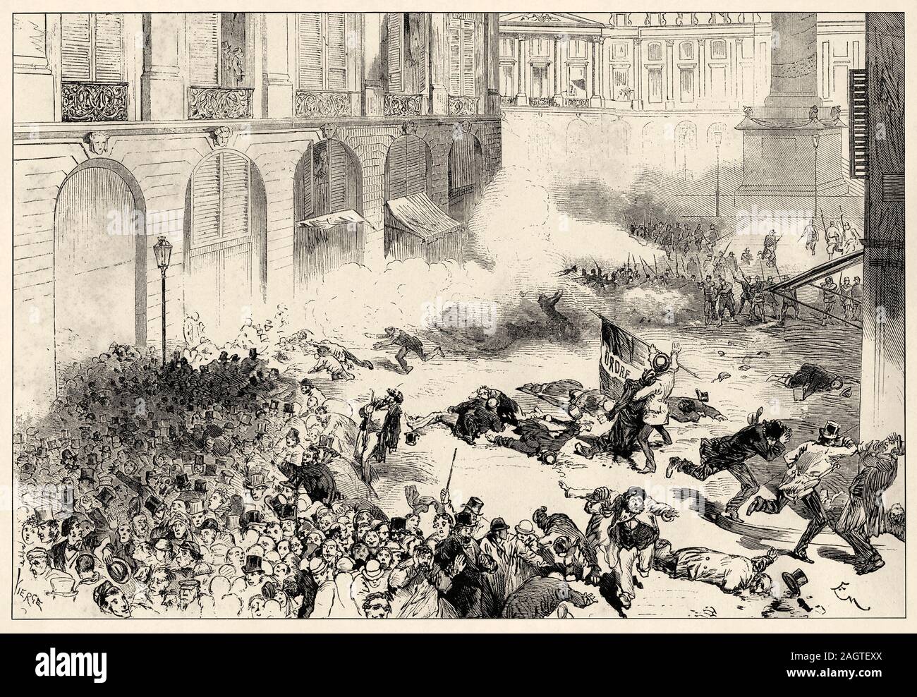 Schießen auf Paix Straße 22. März 1871. Die Pariser Kommune ist eine aufständische Periode in der Geschichte von Paris, vom 18. März 1871 Zum "Blutigen Wee Stockfoto