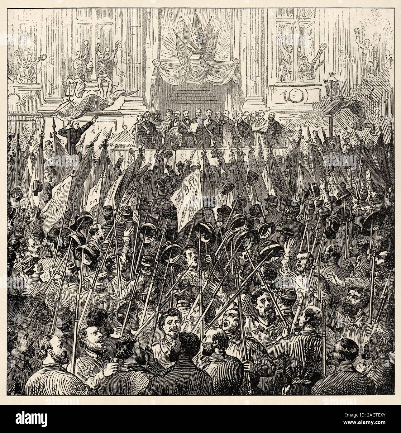 Verkündigung der Gemeinde im Rathaus am 26. März 1871. Die Pariser Kommune ist eine aufständische Periode in der Geschichte von Paris, vom 18. März, 18. Stockfoto