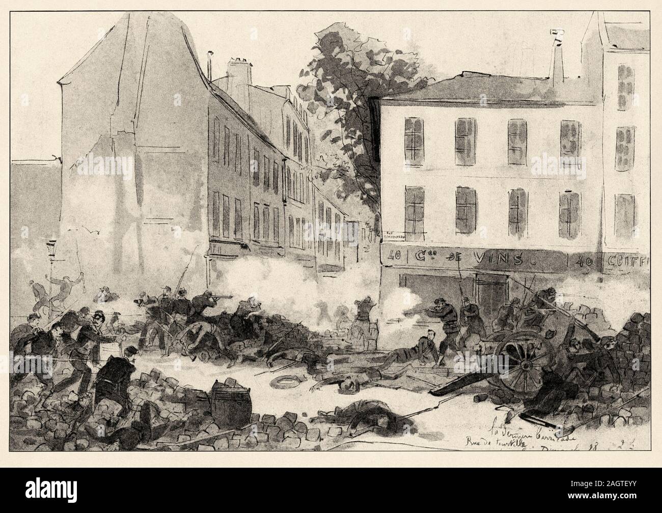 Die letzte Barrikade rue de Tourtille, vom 28. Mai 1871 getroffen. Die Pariser Kommune ist eine aufständische Periode in der Geschichte von Paris, vom 18. März, 1. Stockfoto