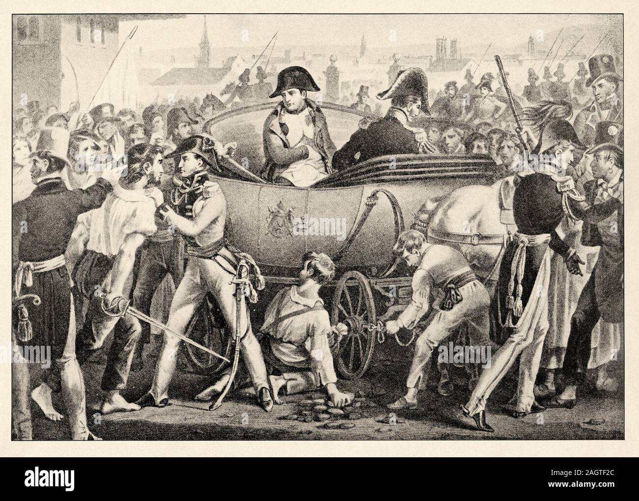 Szene der Abschied von Napoleon in Fontainebleau 20. April 1814. Nach seiner Abdankung, der Kaiser muss für die Insel Elba verlassen. Geschichte der Fr Stockfoto