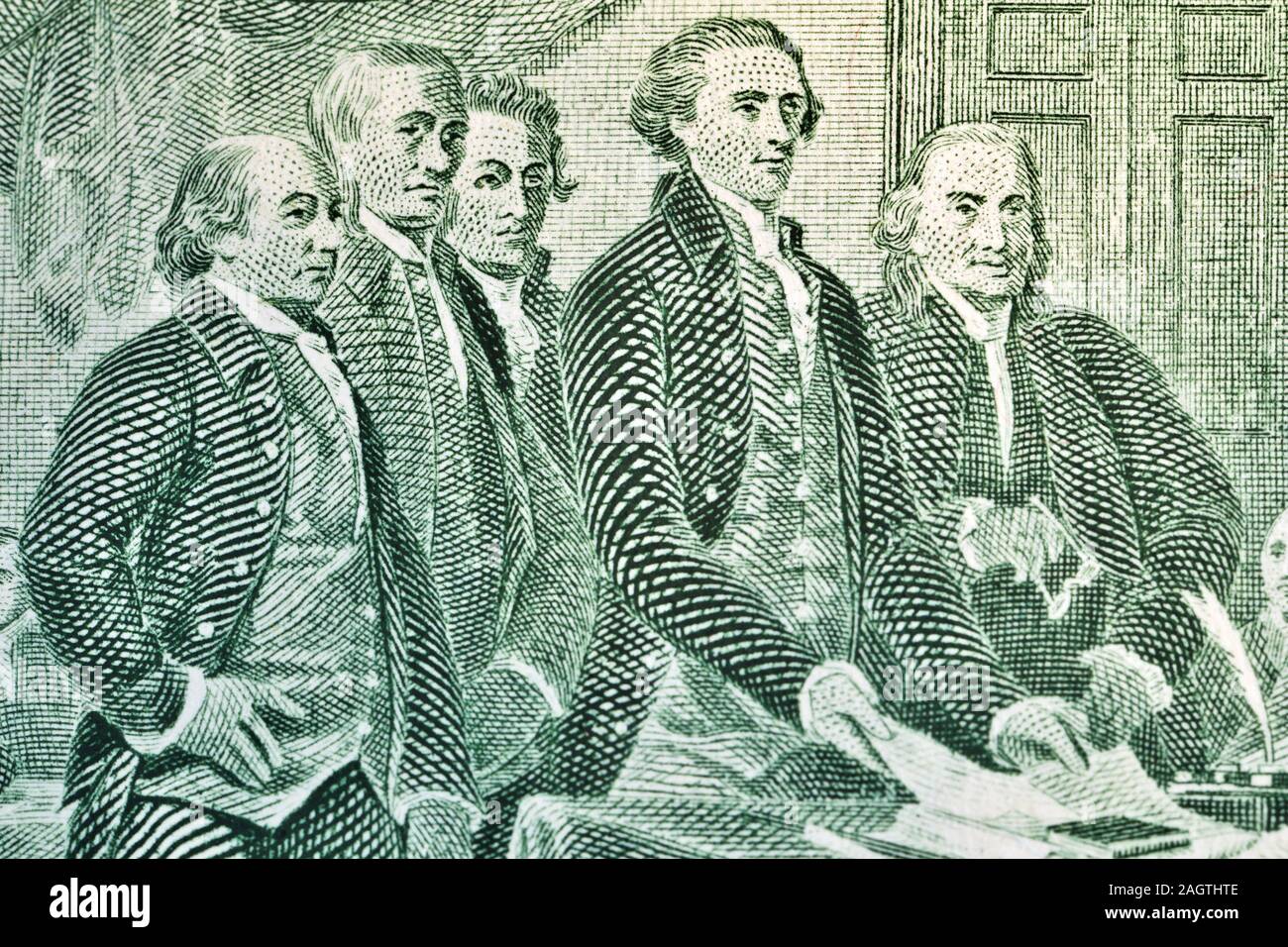 Makroaufnahme der Erklärung der Unabhängigkeit von den Vereinigten Staaten 2-Dollarscheine Stockfoto