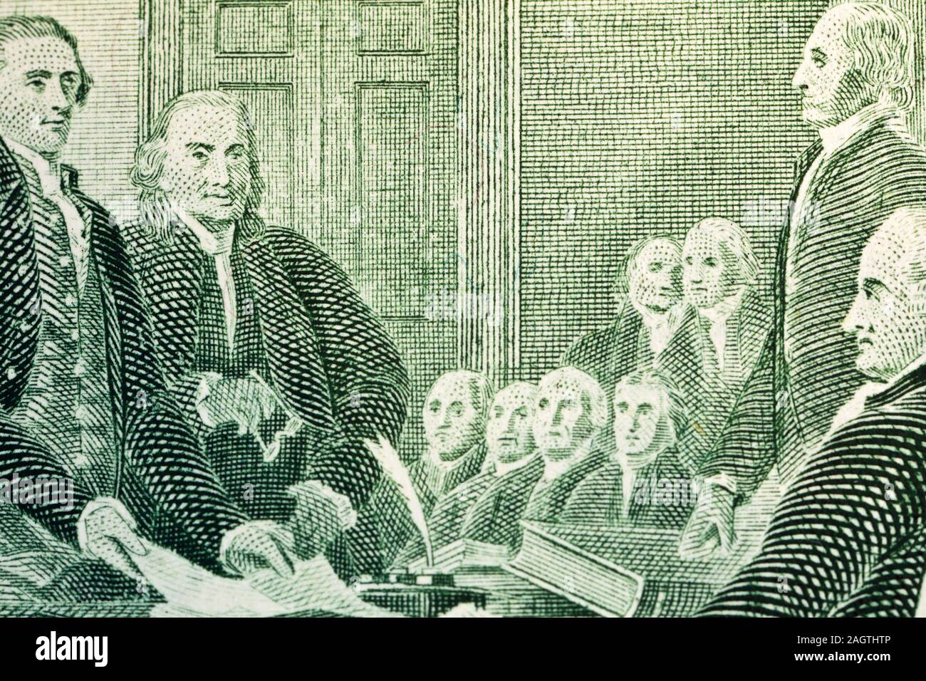 Makroaufnahme der Erklärung der Unabhängigkeit von den Vereinigten Staaten 2-Dollarscheine Stockfoto