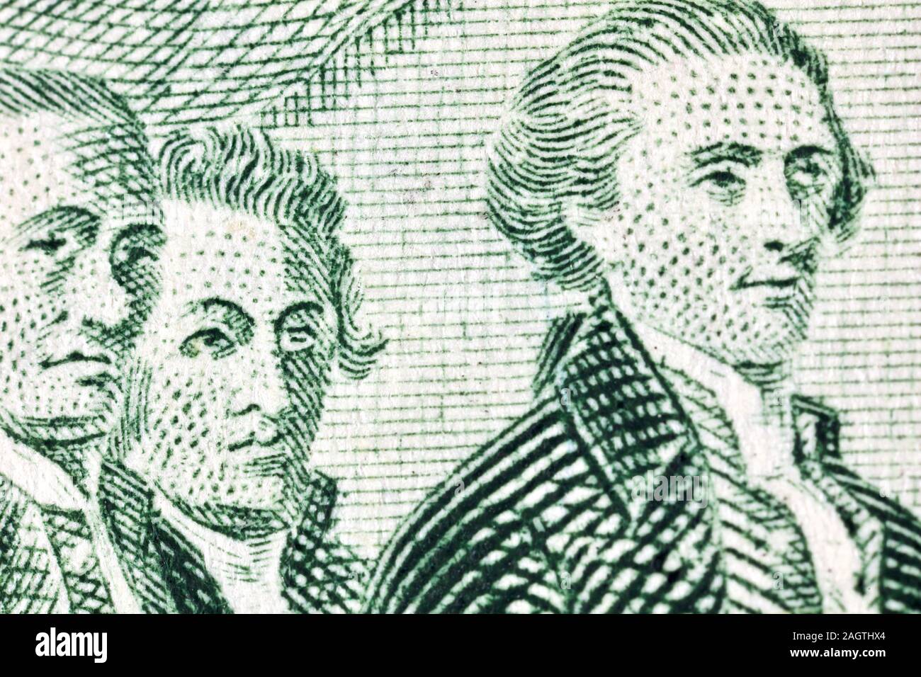Erklärung der Unabhängigkeit - Close-up von Thomas Jefferson auf die Vereinigten Staaten zwei - Dollar Bill Stockfoto